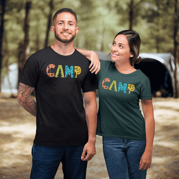 Introducing our vibrant and adventurous camping t-shirt! Featuring bold and colorful "Camp" letters adorned with charming camping icons cut out, this shirt is perfect for outdoor enthusiasts and nature lovers alike.